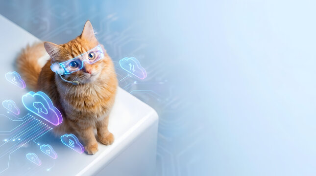Smart ginger cat wearing futuristic VR glasses and headset looking up with glowing cloud computing and data storage icons on blue background with copy space