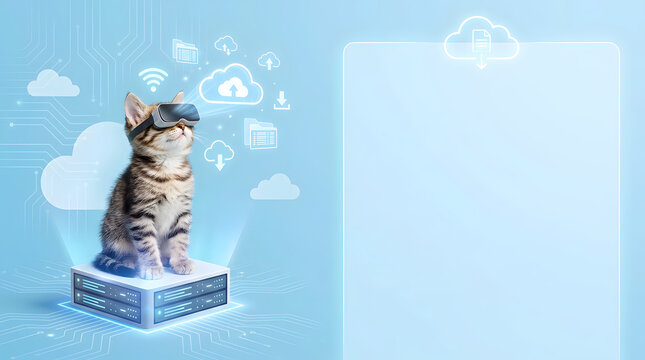 Cute kitten wearing virtual reality headset sitting on server rack with glowing cloud computing icons and wifi symbols on blue background with copy space