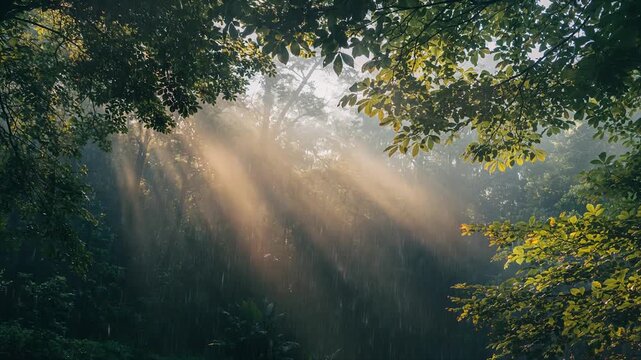 Rain falling forest canopy ultra HD loop light beams piercing leaves cinematic ambience