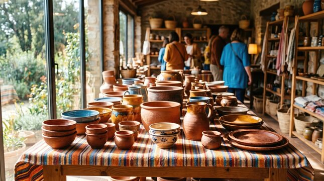 Artisanal pottery and ceramic bowls displayed at a local market for fair trade and handmade crafts