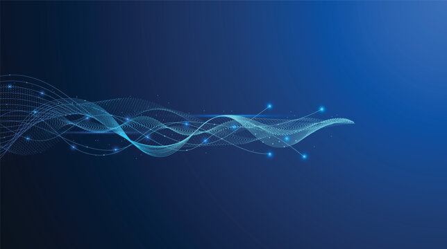 Abstract blue technology background with digital wave particles, glowing network dots and data flow lines for futuristic innovation concept