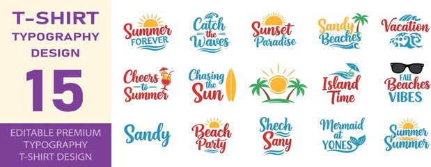 Summer forever sandy beaches typography bundle with tropical elements. © JOBAER GRAPHIC