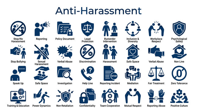 Anti harassment icons and symbols for workplace safety policy and employee rights awareness campaign