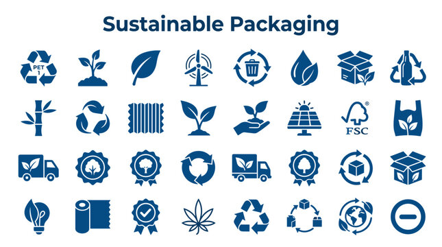 Sustainable packaging icons collection representing eco-friendly materials recycling and green energy concepts for environmental protection and corporate responsibility