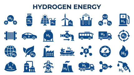 Hydrogen energy icons and symbols representing clean fuel technology and sustainable power generation for a green future © Iconique Studio