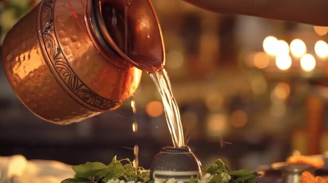 Pouring Water During Traditional Hindu Ritual for Shiva Lingam Offering