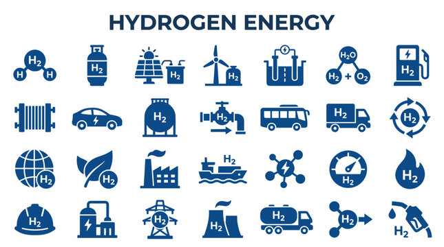 Hydrogen energy icons and symbols representing clean fuel technology and sustainable power generation for a green future