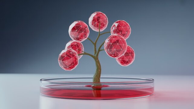 Abstract tree with ruby-like fruits growing in a petri dish, symbolizing scientific growth and discovery.