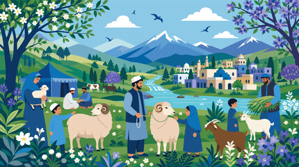 Naklejka premium A peaceful, modern flat illustration featuring a figure holding a lamb in a lush garden, ideal for spiritual or peaceful themes.
