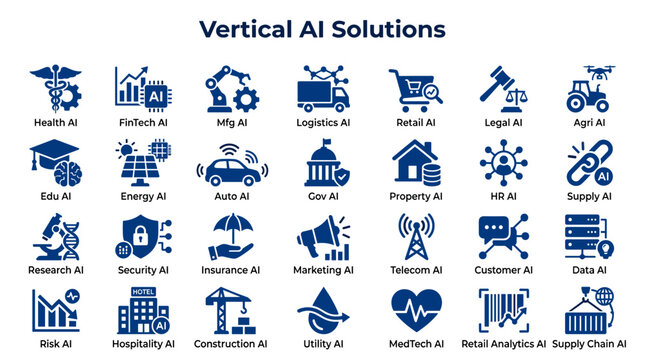 Diverse vertical artificial intelligence solutions icons representing various industries