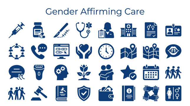 Gender Affirming Care concept illustration with medical and social icons representing health support and community well being