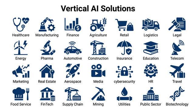 Diverse Vertical AI Solutions Icons Representing Multiple Industries and Business Sectors for Technology and Innovation Concepts