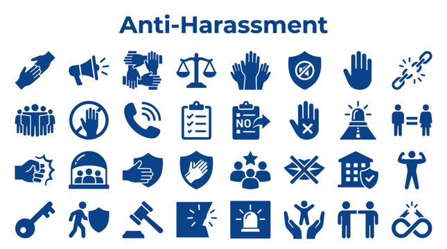 Anti harassment concept with diverse icons representing safety, support, legal justice, communication, and preventing workplace bullying and discrimination