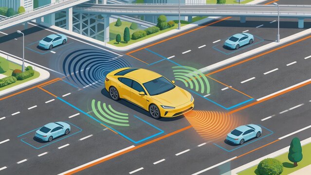 Autonomous yellow car driving on smart highway with sensor waves detecting surrounding blue vehicles isometric 3D illustration of future city traffic selfdriving technology and