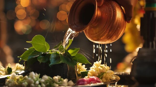Close up of a copper pot pouring water over a sacred Shiva Lingam with green leaves and flowers during a traditional Hindu ritual.