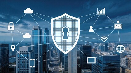 Fototapeta premium Cybersecurity network protection shield over modern city skyline digital data privacy cloud computing secure internet connection business technology concept global communication