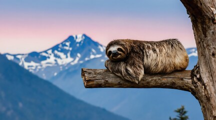 Fototapeta premium Sloth rests on dead tree branch. Snowy mountains and colorful sky form background. Animal is lazy, peaceful, slow mammal in natural habitat during day.