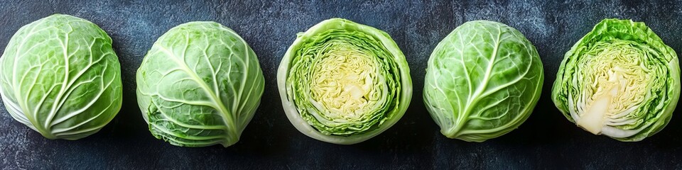 Obraz premium Fresh and Crisp Cabbage Heads and Halves Displayed on Dark Wooden Countertop, Perfect for Cooking