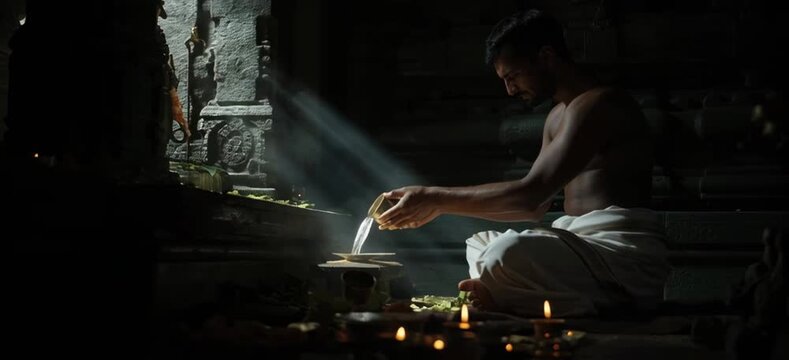 Man performing traditional water offering ritual in a dark ancient temple