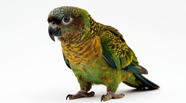 Green and brown parrot bird stands isolated on plain white background. Avian animal with detailed feathers and claws. Creature looks to side with dark eye and hooked beak.