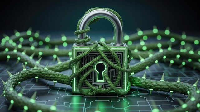 Secure digital padlock entangled in glowing thorny vines, representing data protection and cyber threat.