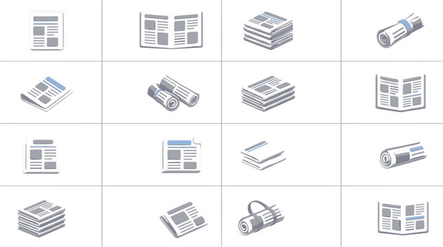 Newspaper icon set with stacked papers folded pages and rolled news prints media publishing and journalism vector illustration collection