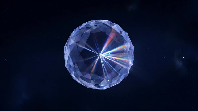 Abstract Blue Geometric Crystal Orb Floating In Deep Space With Distant Stars And Nebula Clouds Reflecting Rainbow Light In A Cosmic Sci Fi Setting