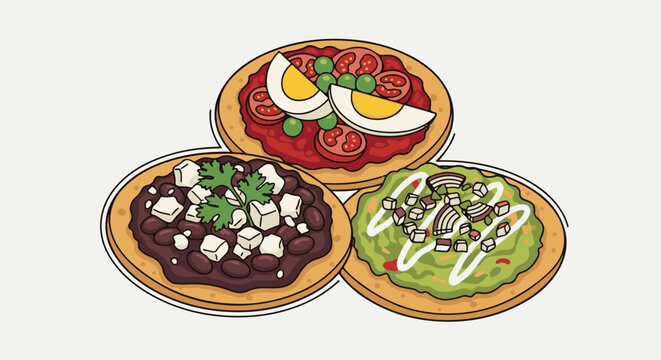 Trio of colorful flatbreads with assorted toppings, including beans, eggs, and guacamole