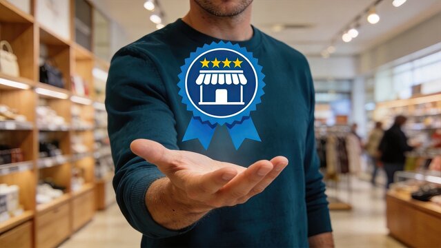 Man holding blue ribbon badge with five stars and shop icon in retail store background symbolizing quality service customer satisfaction and trusted business reputation