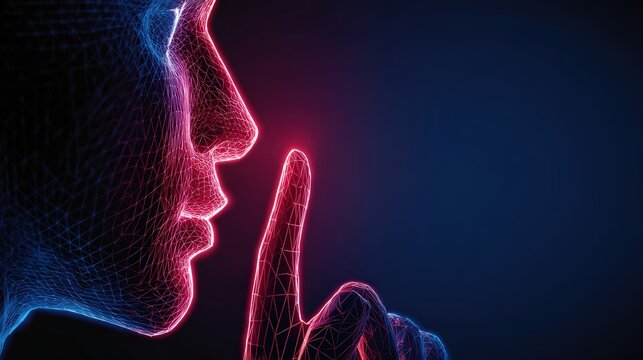A close-up depiction of a digital face is illuminated by vibrant neon hues, a finger presses against the lips. ..Created with Generative AI, not depicting real subjects.