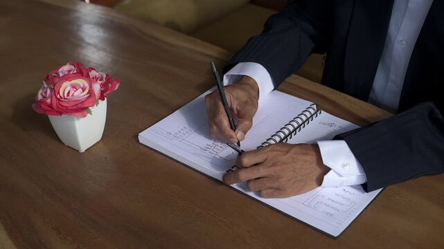 Asian business man hand writing on book