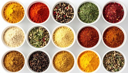 Variety of colorful spices in white bowls on white background © Almahyra