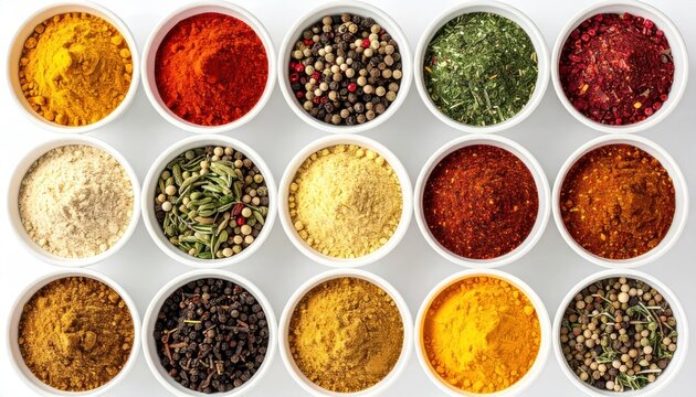 Variety of colorful spices in white bowls on white background