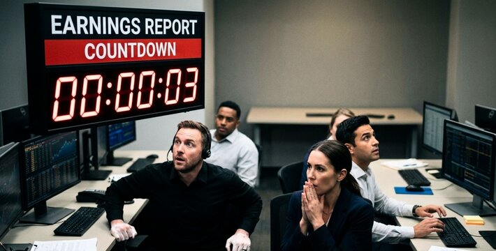 tense traders and analysts watching earnings report countdown clock in trading floor office &ndash; stock market anticipation, financial stress, and high-stakes investment concept.