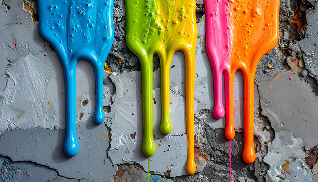 Vibrant Rainbow Paint Dripping Down Textured Wall.