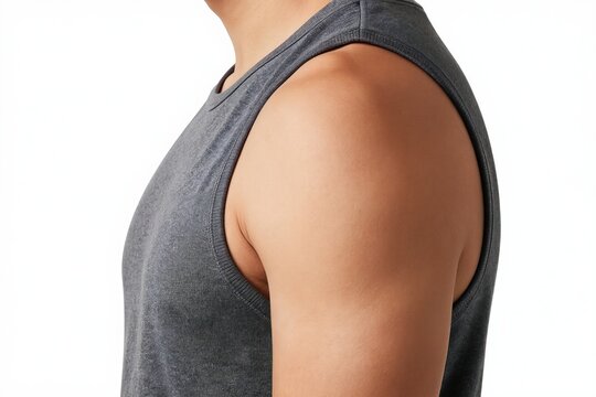 Man shoulder and arm in gray tank top. Clean skin ready for tattoo art. Blank space for graphic design or advertisement placement. Studio shot.