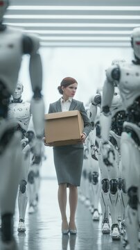 In a futuristic setting, a woman stands out amidst a crowd of emotionless robots, holding a cardboard box. ..Created with Generative AI, not depicting real subjects.