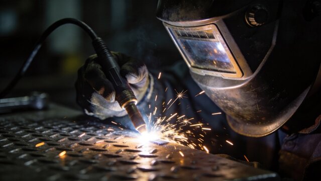 Person welding metal with sparks