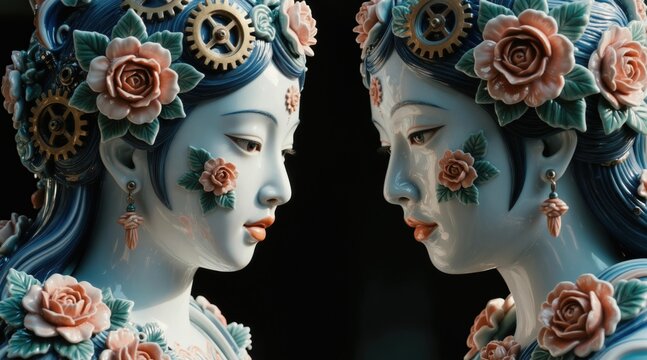 Two ceramic figures with floral embellishments, gears on heads face. Hair blue, adorned with pink roses, green leaves. Intricate porcelain doll art with steampunk elements, decorative blossoms.