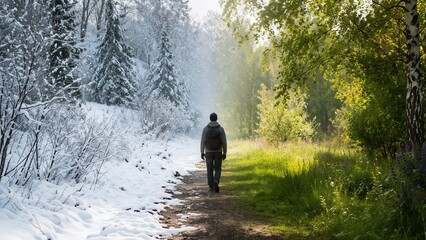 Fototapeta premium Man walking forest path between winter snow and spring green nature seasonal contrast scene