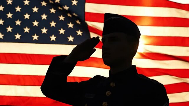 Soldier silhouette saluting American flag during golden hour