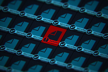 Cybersecurity concept showing a red danger document icon among secure files. Symbolizes malware detection, data breach, or computer virus threat in a digital network. © Suppachok N