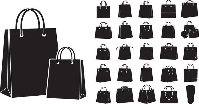 Shopping bag and handbag silhouette icons vector design