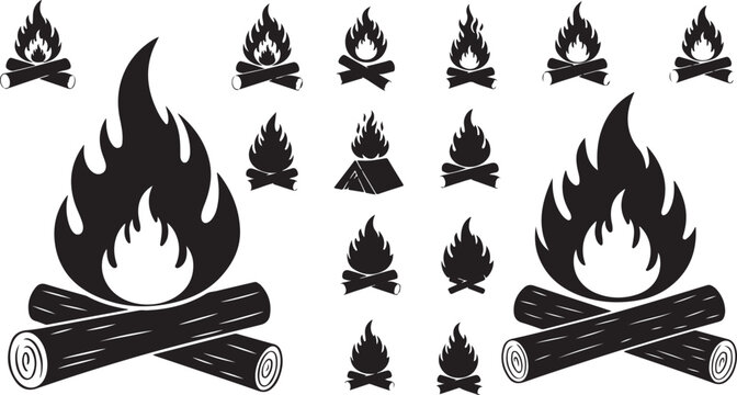 Campfire and bonfire flame silhouette icons vector set