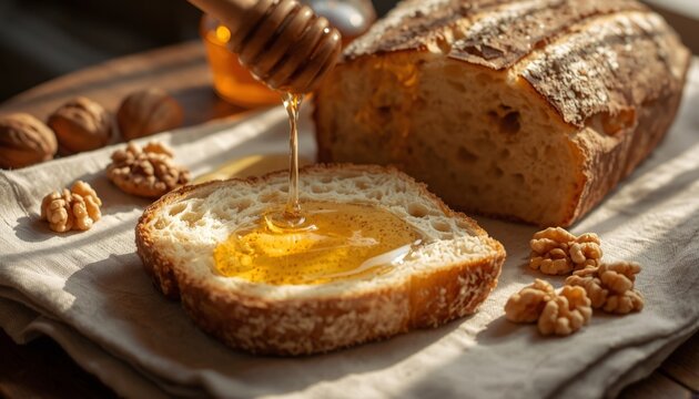 There is a piece of bread with honey and walnuts on a napkin