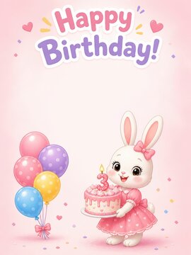 Happy Birthday card with cute bunny holding cake with number 3 and balloons, pastel celebration design, adorable kids greeting illustration