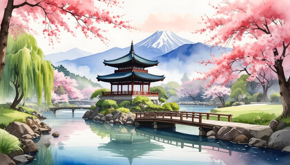 Fototapeta premium Tranquil Japanese Garden with Pagoda and Mount Fuji.