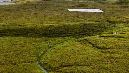 Naklejka premium Aerial View of Lush Green Meadows and Small Lake in Scottish Highlands
