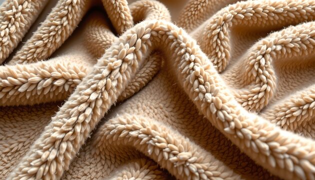 A fluffy blanket with a close up view of its texture. The blanket appears to be made from light brown fabric with a ribbed stitch, giving it a soft, plush appearance