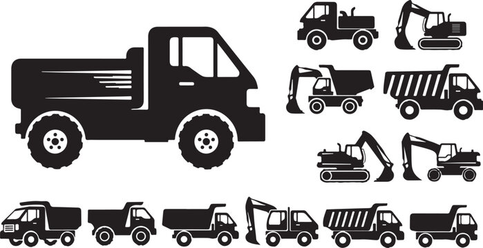 Vector icons of construction trucks and excavators